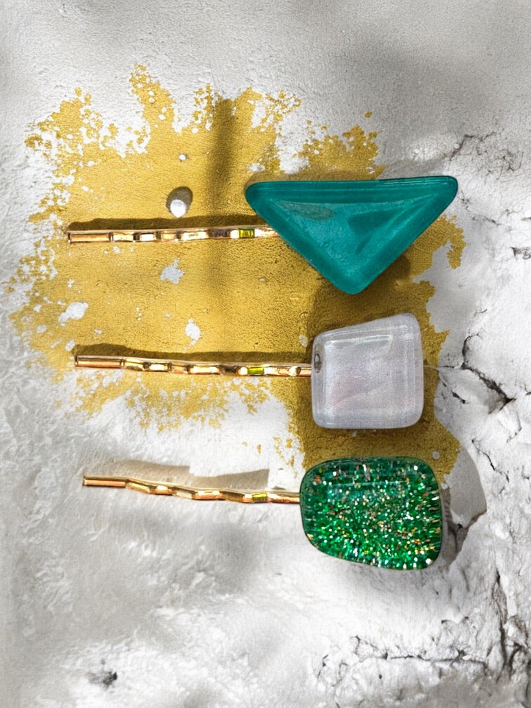 Glass Hair Pin Set, in Bluegreen, Pearl Grey & Glittery Green