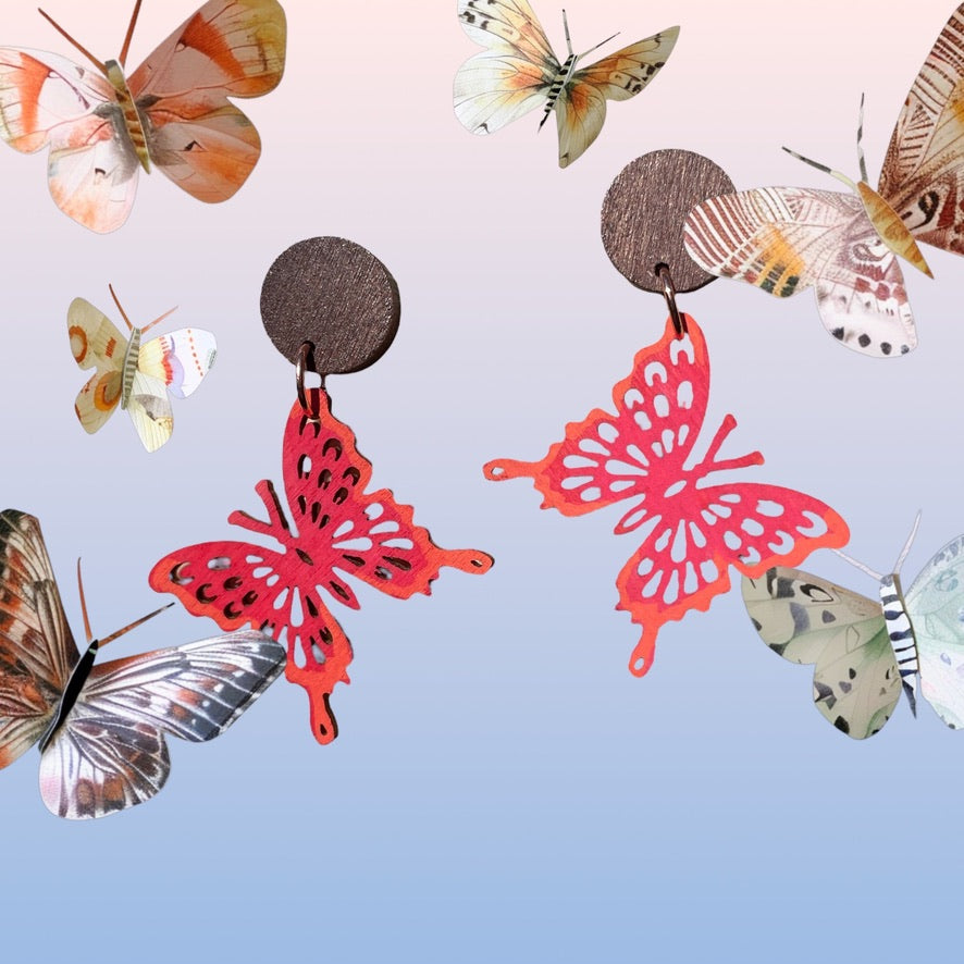 Butterfly II Wooden Earrings, Block Colour Red Orange - Rose Gold Finish