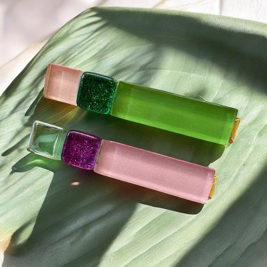 Multicoloured Glass Hair Clips, in Green, Pink & Purple