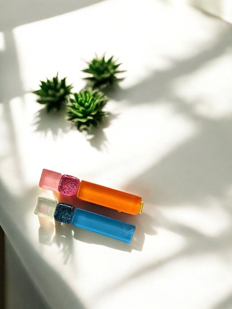 Multicoloured Glass Hair Clips, in Orange, Blue & Pink