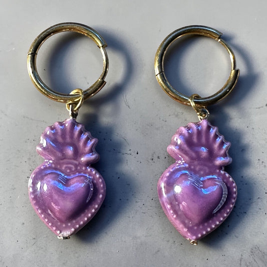 Sacred Heart Ceramic Loop Earrings - Purple