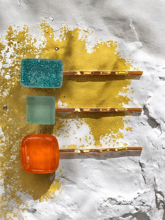 Glass Hair Pin Set, in Glittery Aqua, Moss & Orange
