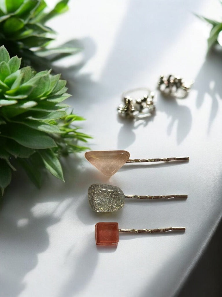 Glass Hair Pin Set, in Light Pink, Glittery Silver & Dark Pink