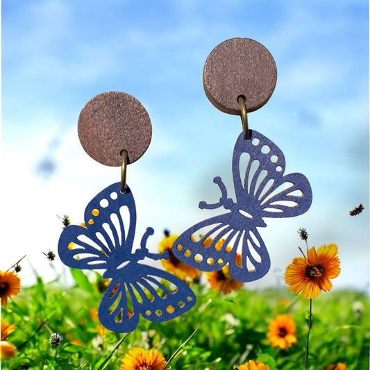 Butterfly I Wooden Earrings, Block Colour Dark Blue & Midtone Blue - Bronze Finish