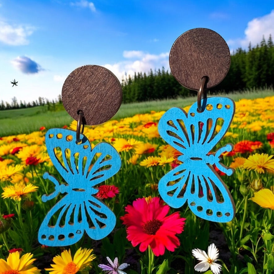 Butterfly I Wooden Earrings, Block Colour Dark Blue & Midtone Blue - Bronze Finish