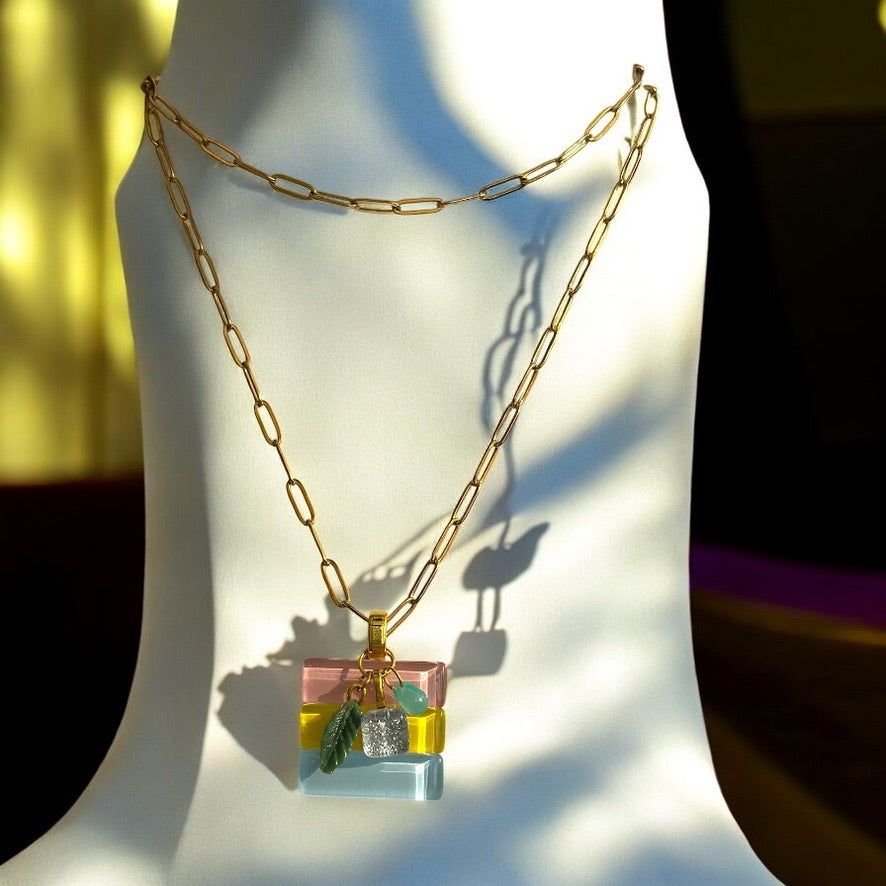 Fused Glass Multiway Pendant Necklace, Pink, Yellow & Blue