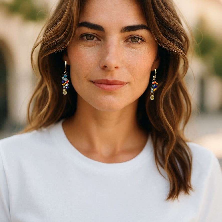 Multicolour Cluster Earrings, with tear drop- Upcycled Ltd Edition