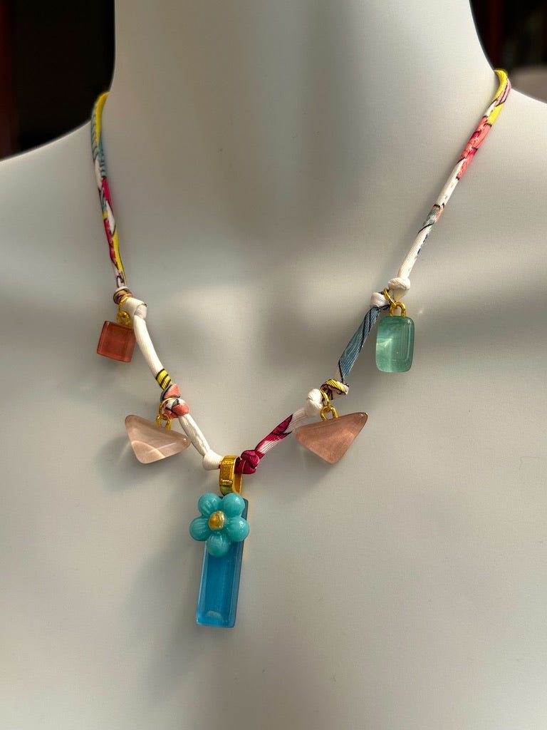 Fabric Cord Glass Charms Necklace, Pinks & Blue - jewellery - Eclectic Blue Studio