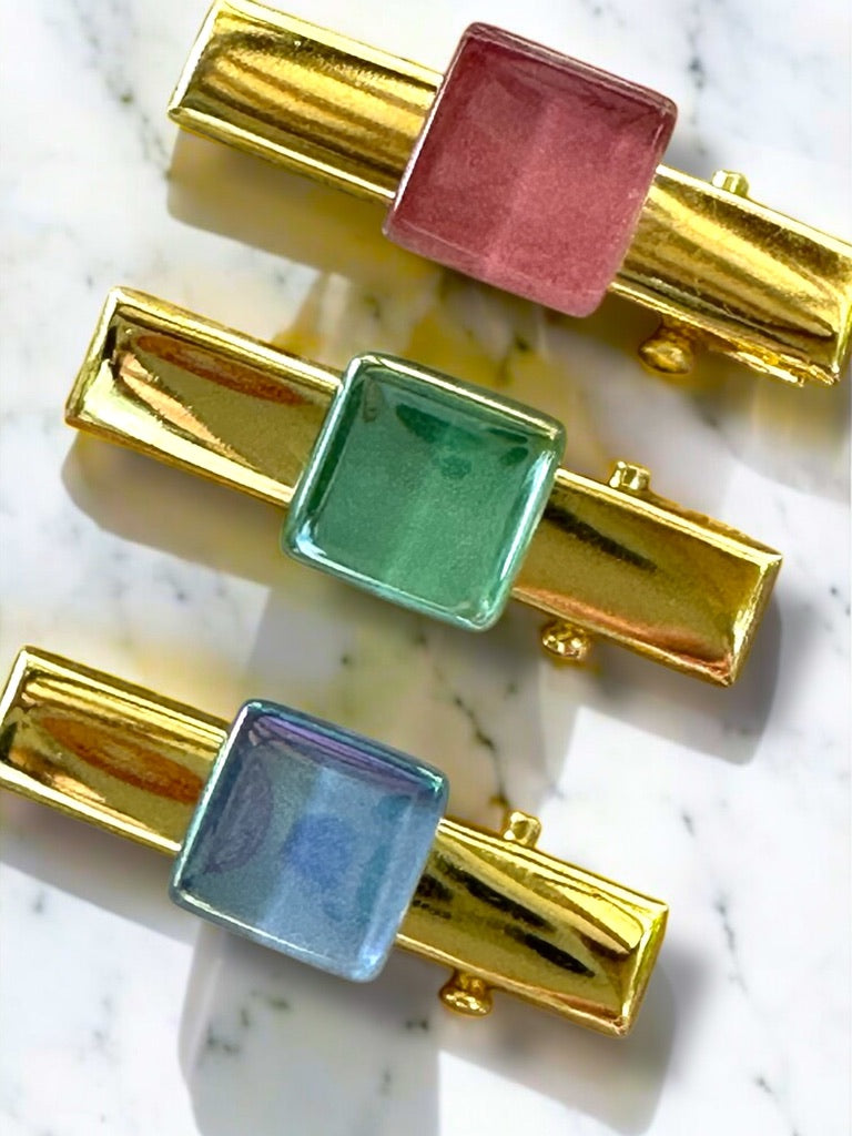 Small Hair Clips with glass square detail, Blue, Green & Dark Pink Trio