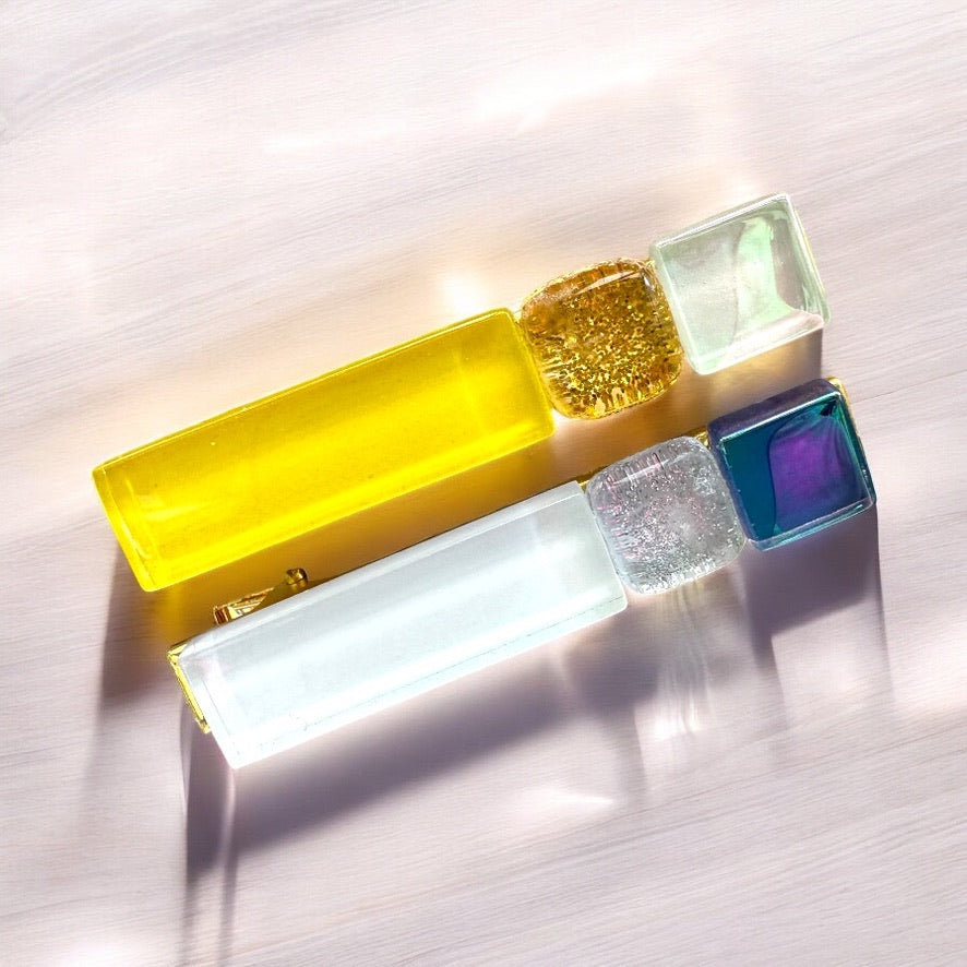 Multicoloured Glass Hair Clips, in Yellow, White & Blue