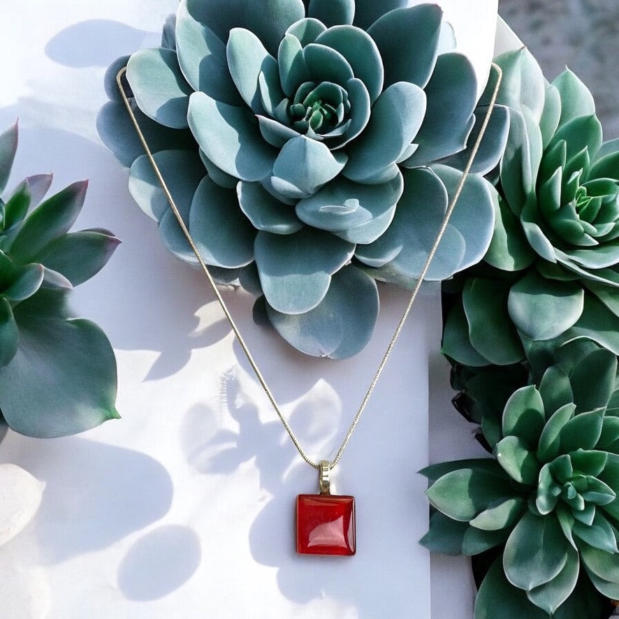 Minimal Square Glass Pendant, Red