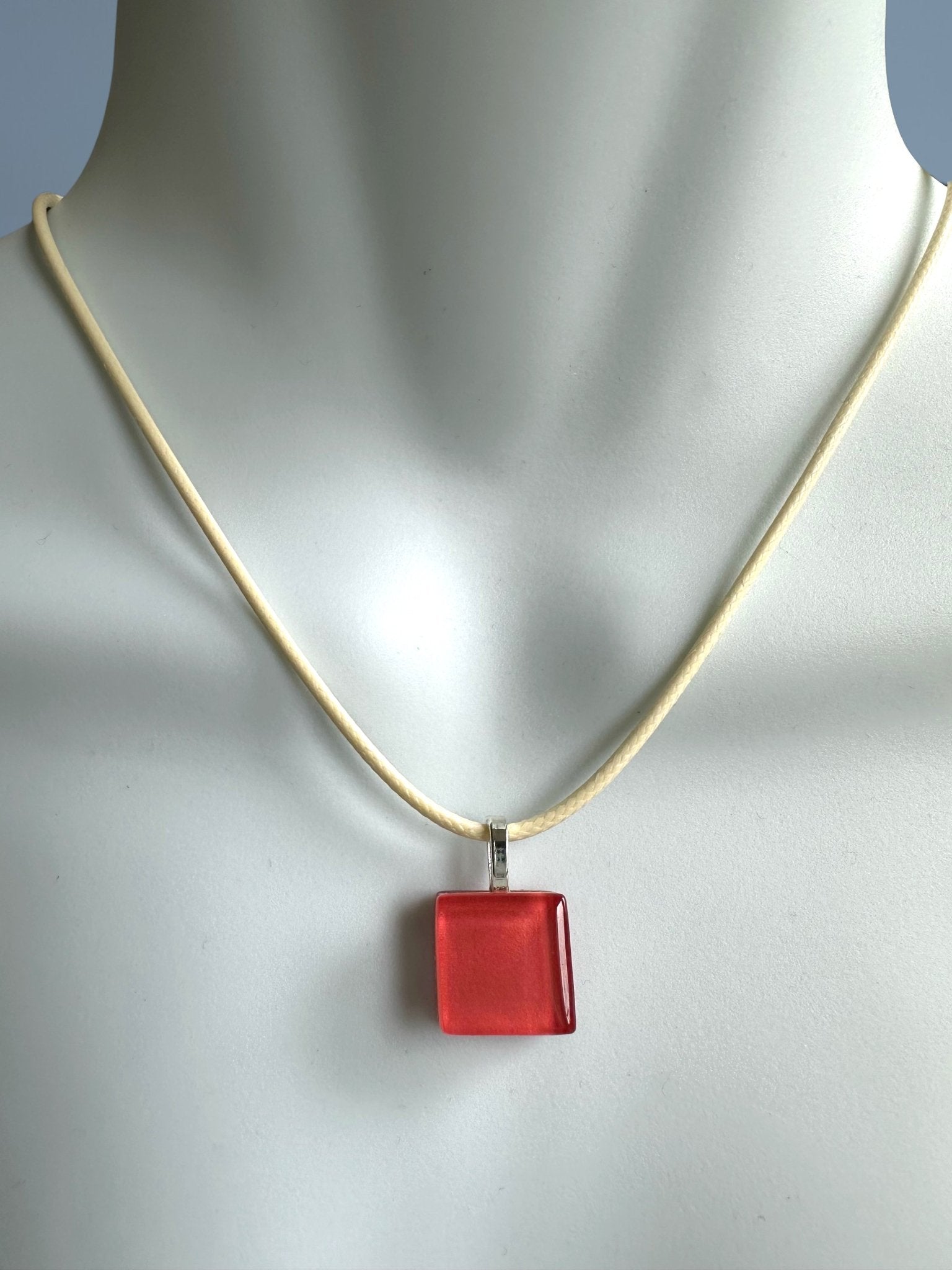 Watermelon Square Glass Pendant Necklace on Cream Waxed Cord - Necklace - Eclectic Blue Studio