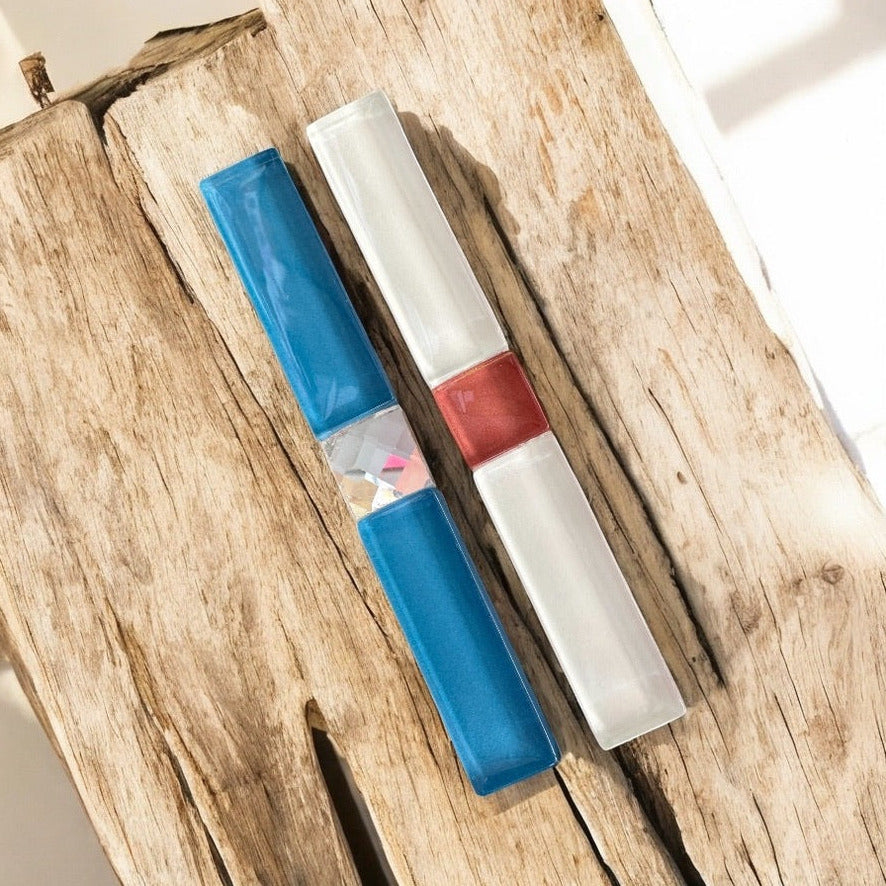 Long Glass Hair Clips, in Blue and White