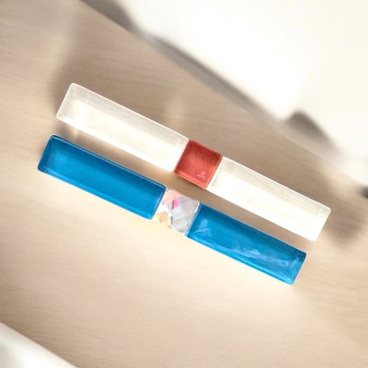 Long Glass Hair Clips, in Blue and White