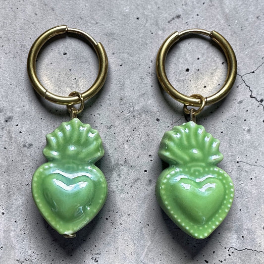 Sacred Heart Ceramic Loop Earrings - Green