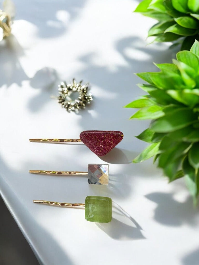 Glass Hair Pin Set, in Glittery Magenta, Faceted mirror & Green