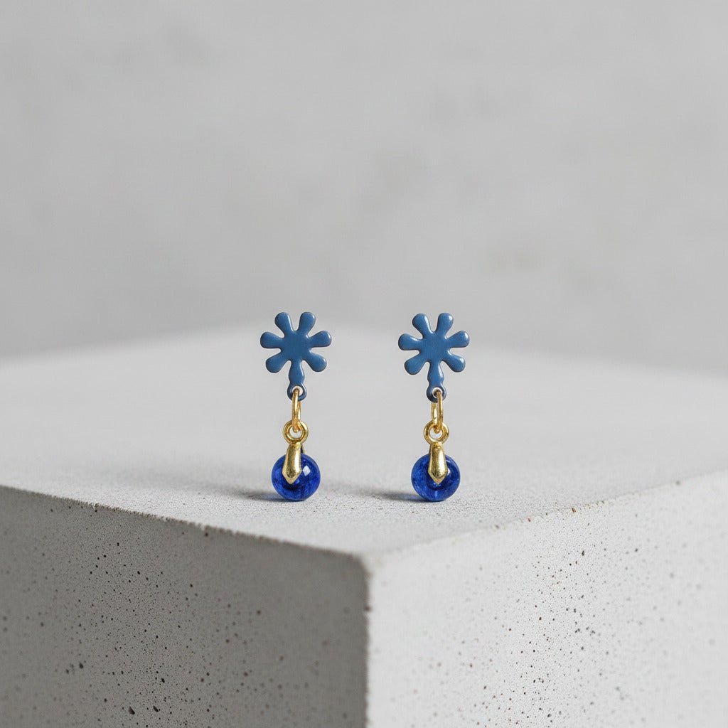 Little Flower Hand Painted Glass Earrings - Enamel & Glass Drop - Earrings - Eclectic Blue Studio