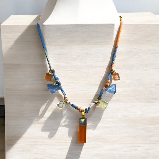 Fabric Cord Glass Charms Necklace, Blue & Orange