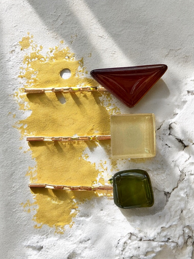 Glass Hair Pin Set, in Brown, Beige & Dark Bottle Green