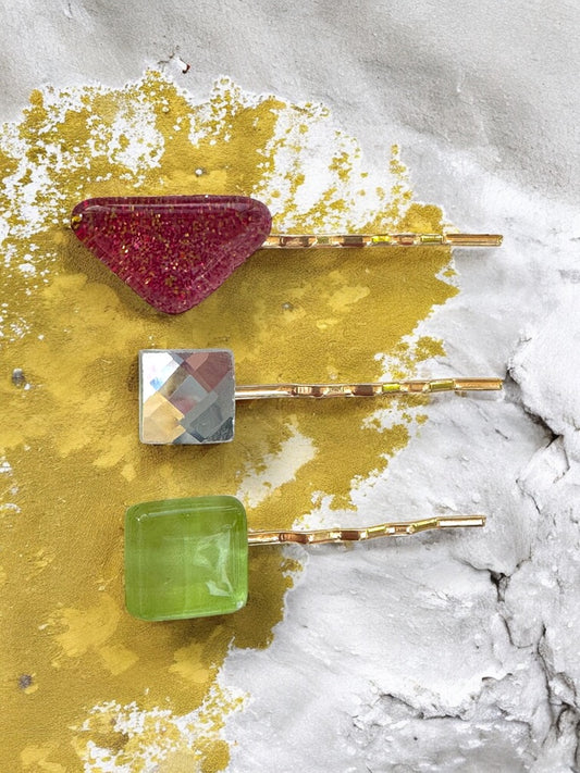 Glass Hair Pin Set, in Glittery Magenta, Faceted mirror & Green