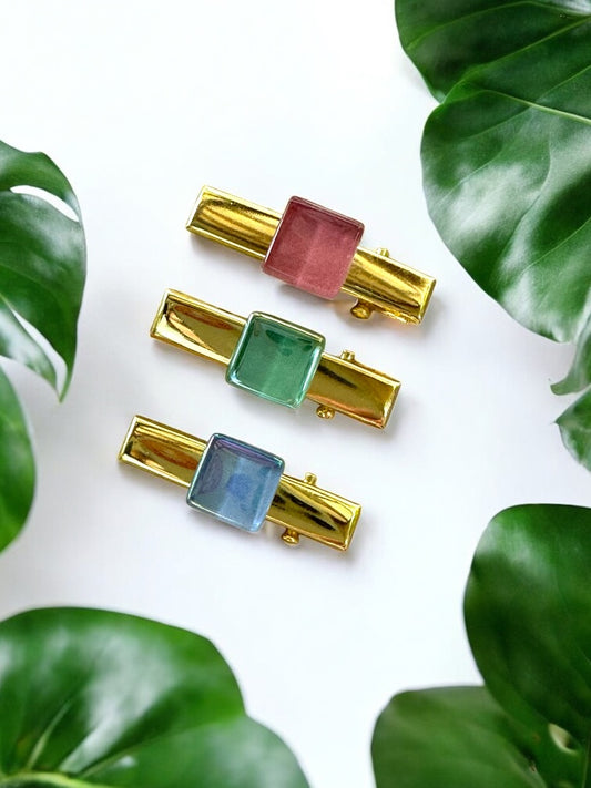 Small Hair Clips with glass square detail, Blue, Green & Dark Pink Trio