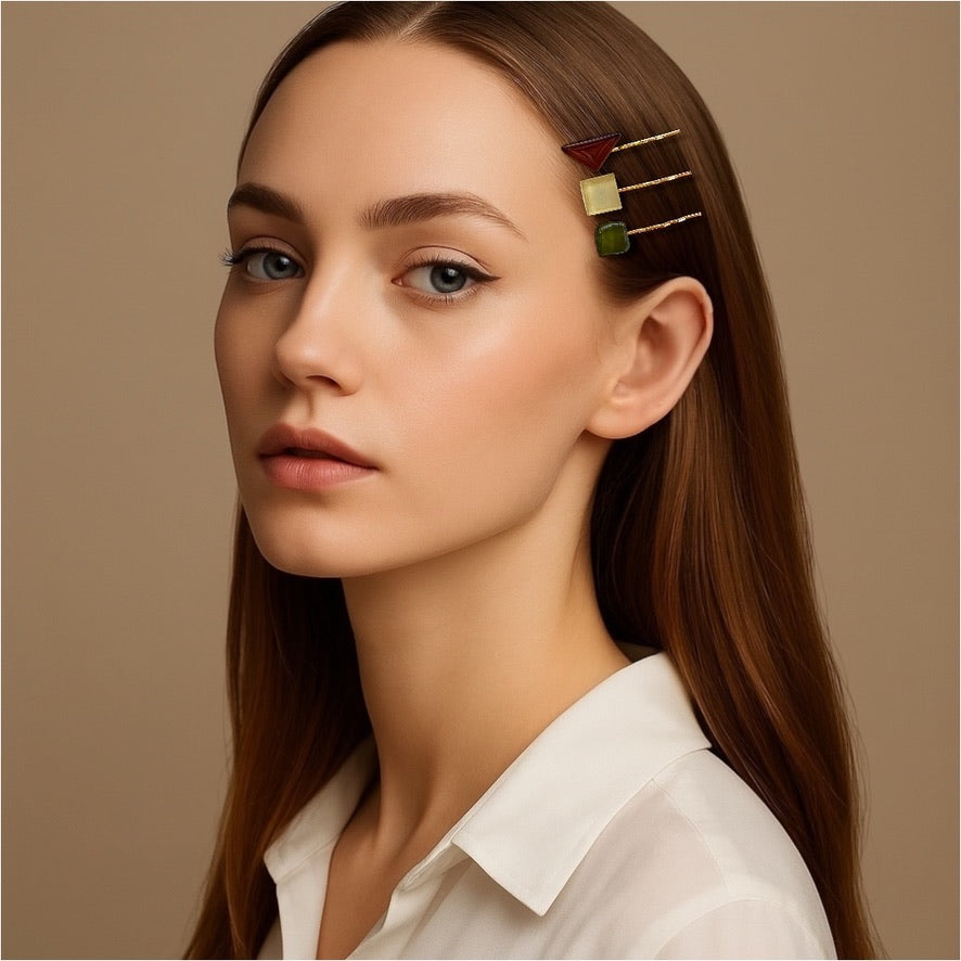 Glass Hair Pin Set, in Brown, Beige & Dark Bottle Green