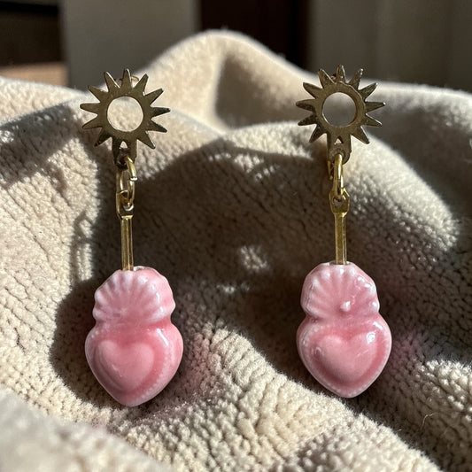 Sacred Heart Sun Disk Stud Earrings - Pink