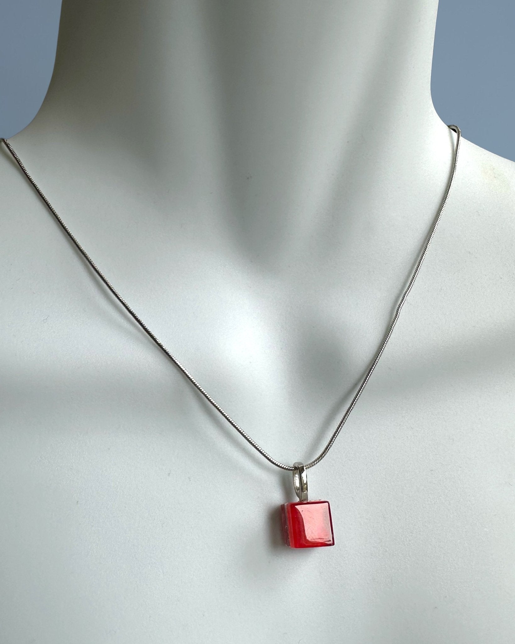Square Glass Pendant Necklace — Red, Petite - Necklace - Eclectic Blue Studio