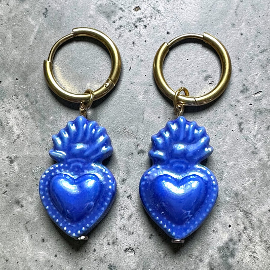 Sacred Heart Ceramic Loop Earrings - Blue