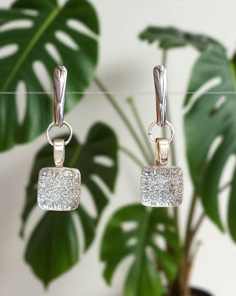 Pair of silver square earrings with a plant in the background