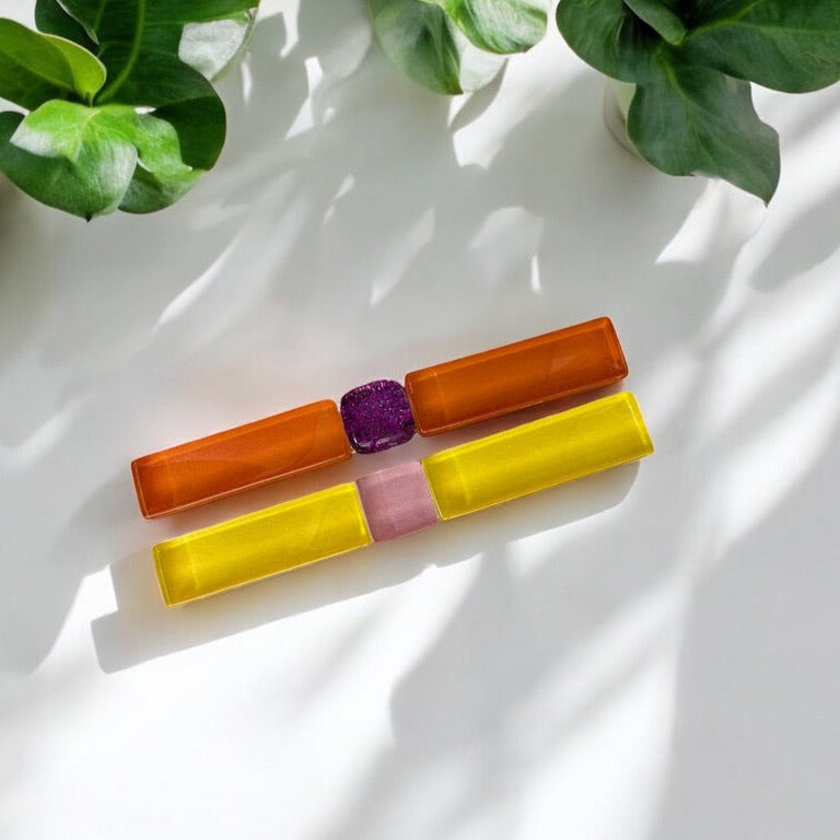 Two colorful hair clips on a white surface with green leaves in the background