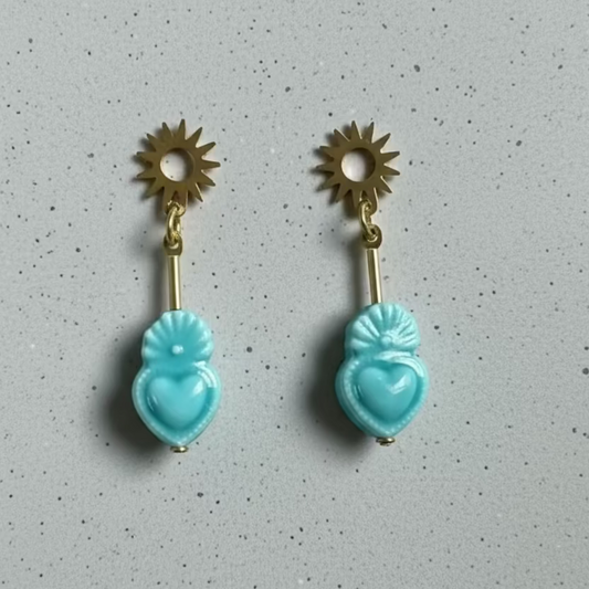 Sacred Heart Sun Disk Stud Earrings - Aqua