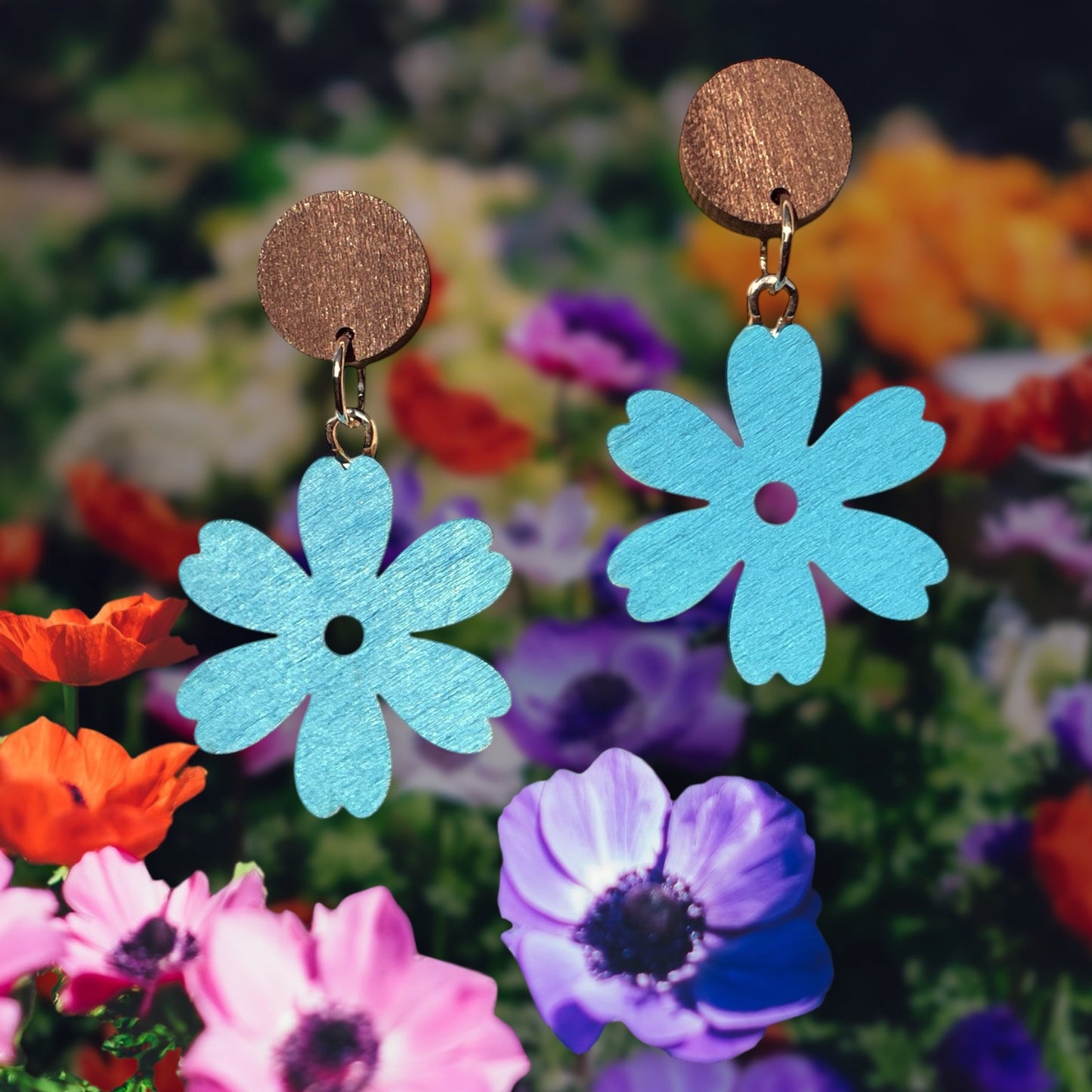Flower I Wooden Earrings, Block Colour Midtone Blue - Silver Finish