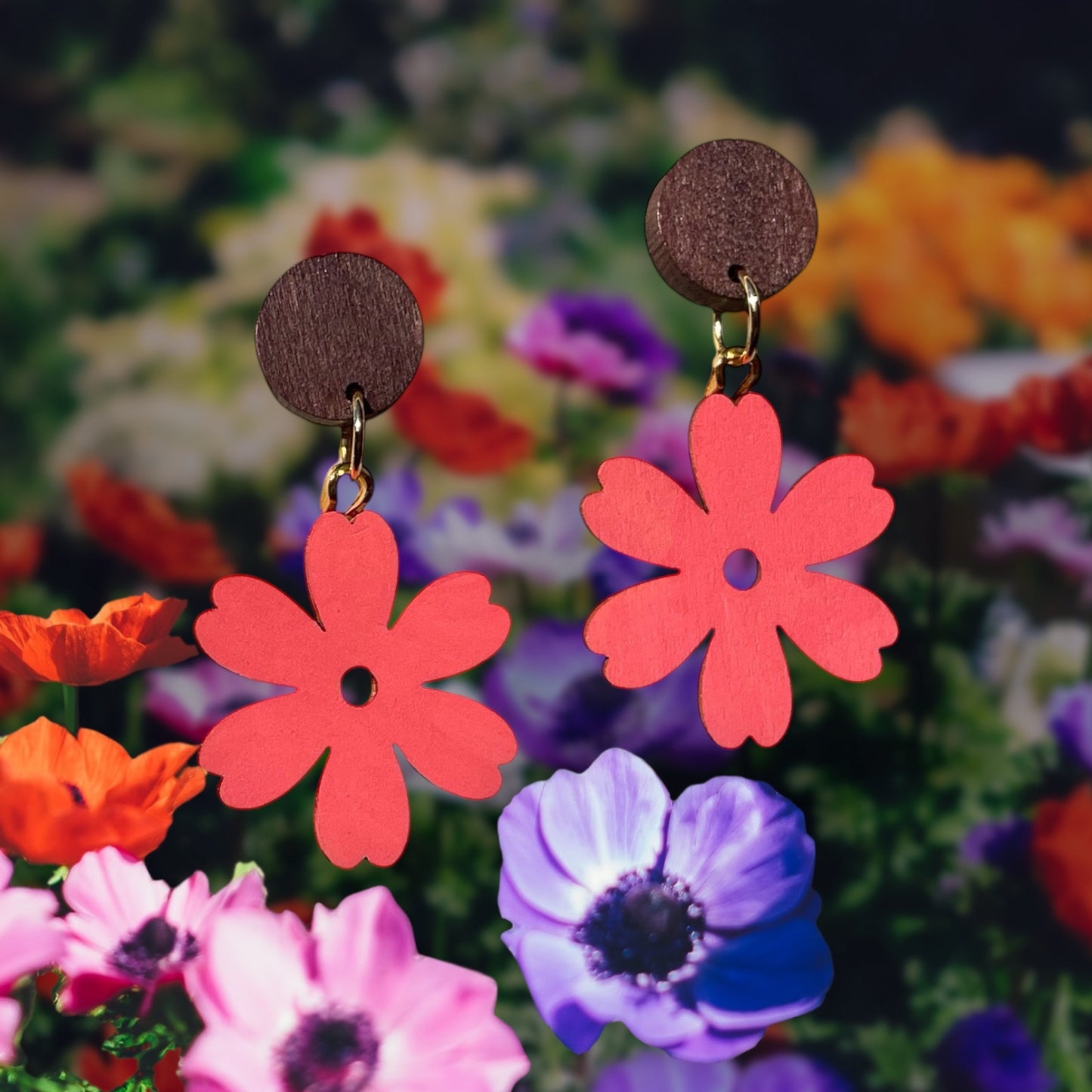 Flower I Wooden Earrings, Block Colour Red Orange - Gold Finish