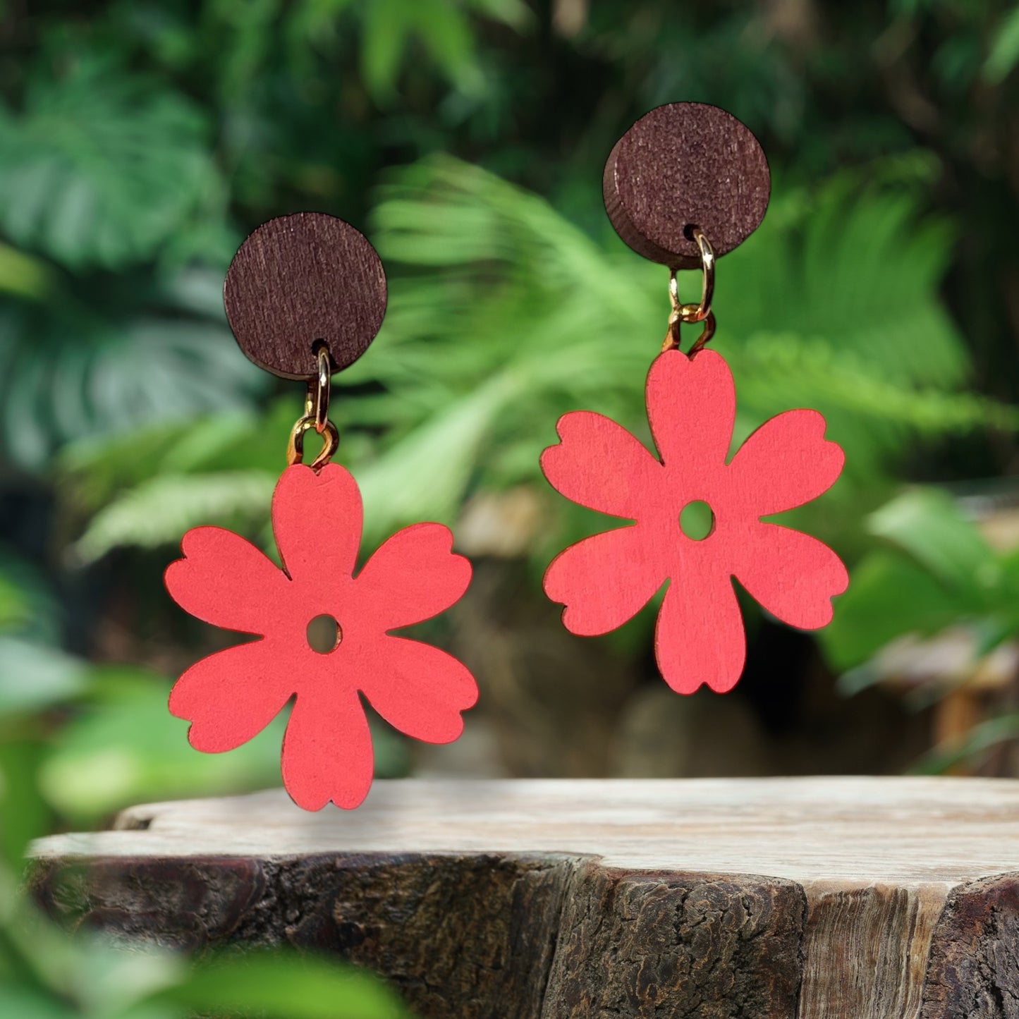 Flower I Wooden Earrings, Block Colour Red Orange - Gold Finish