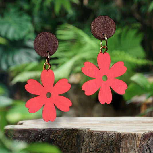 Flower I Wooden Earrings, Block Colour Red Orange - Gold Finish