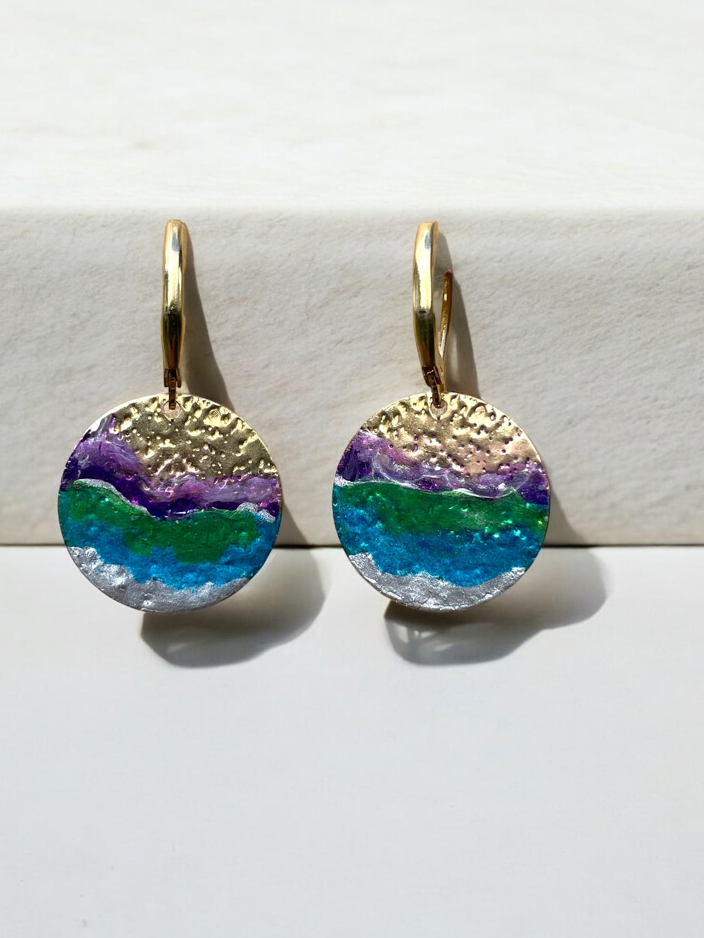 Cold Enamel Coin Earrings, Silver, Bluegreen & Purple