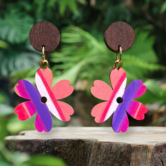 Flower I Wooden Earrings, Striped - Gold Finish