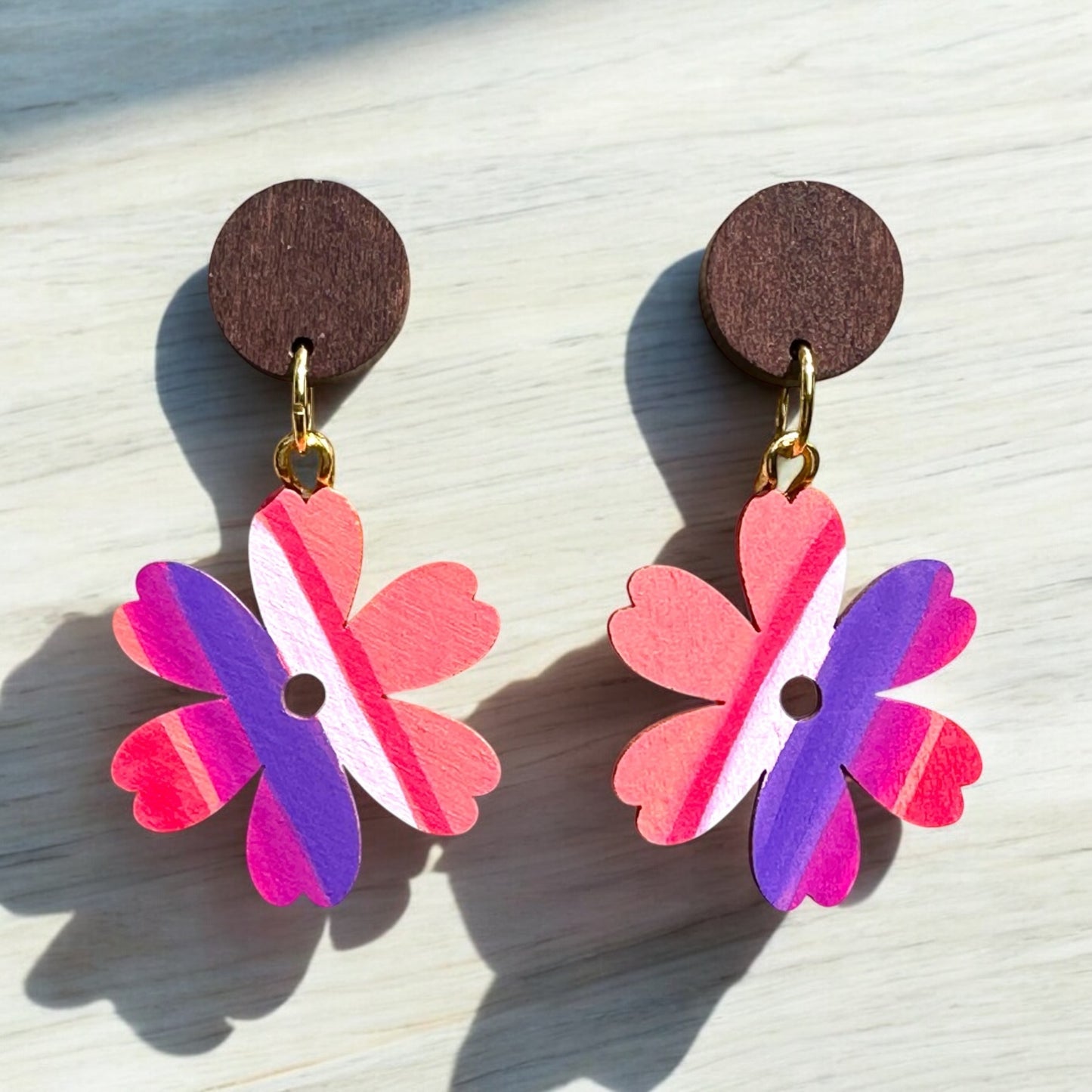 Flower I Wooden Earrings, Striped - Gold Finish