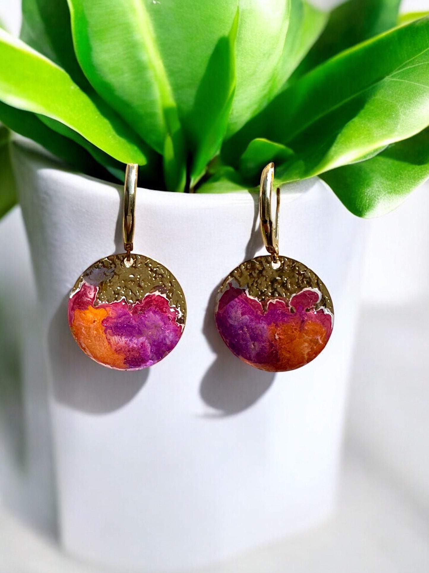 Cold Enamel Coin Earrings, Hot Pink & Orange