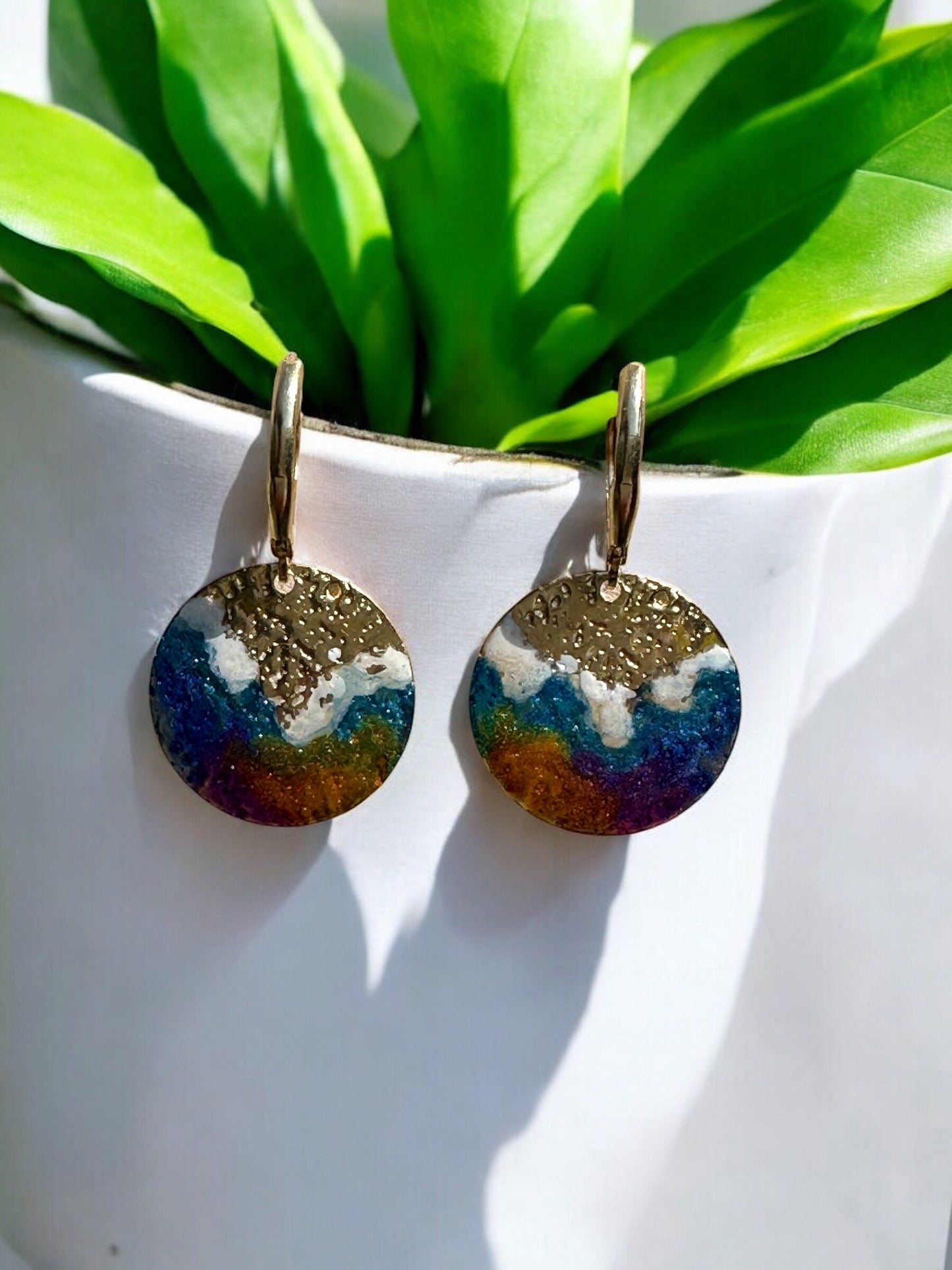 Cold Enamel Coin Earrings, Rust, Blue & White