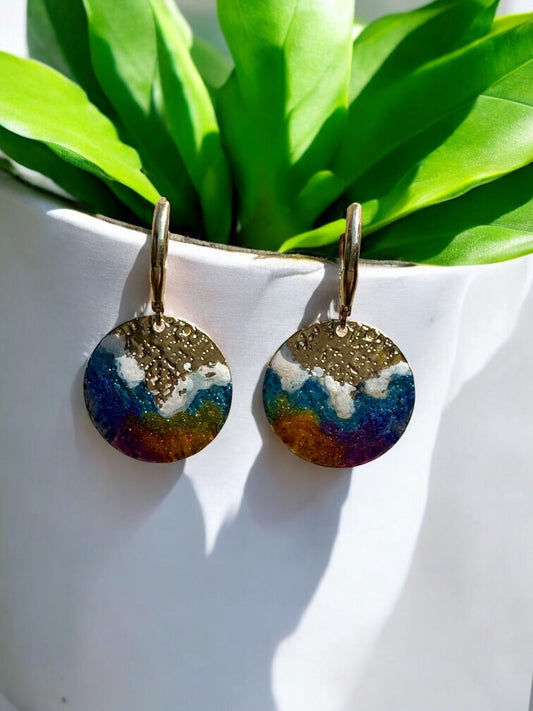 Cold Enamel Coin Earrings, Rust, Blue & White