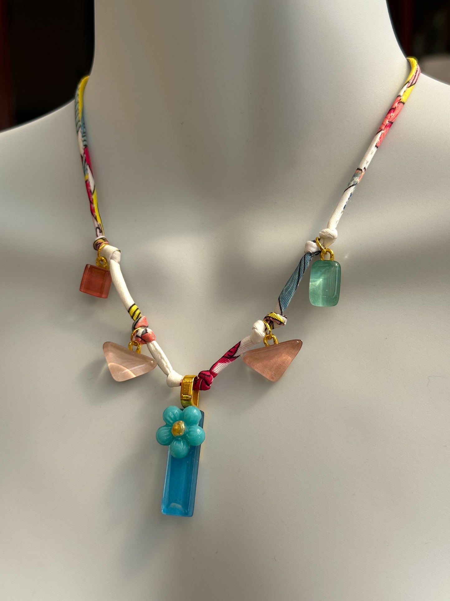 Fabric Cord Glass Charms Necklace, Pinks & Blue