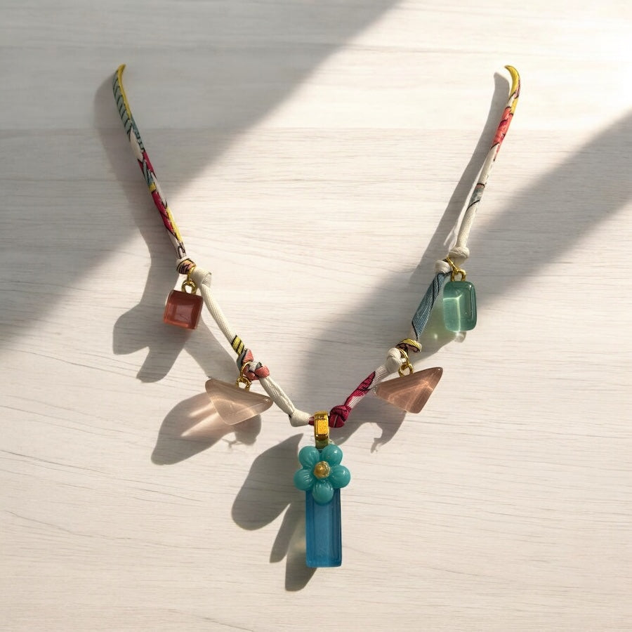 Fabric Cord Glass Charms Necklace, Pinks & Blue