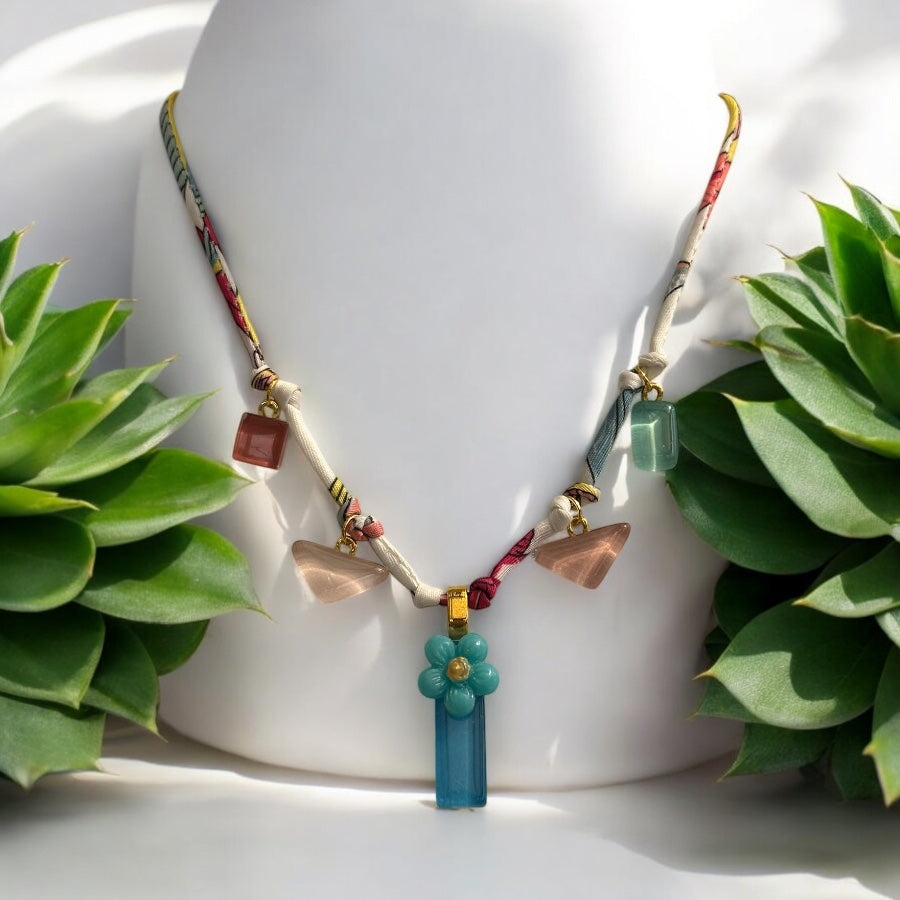 Fabric Cord Glass Charms Necklace, Pinks & Blue