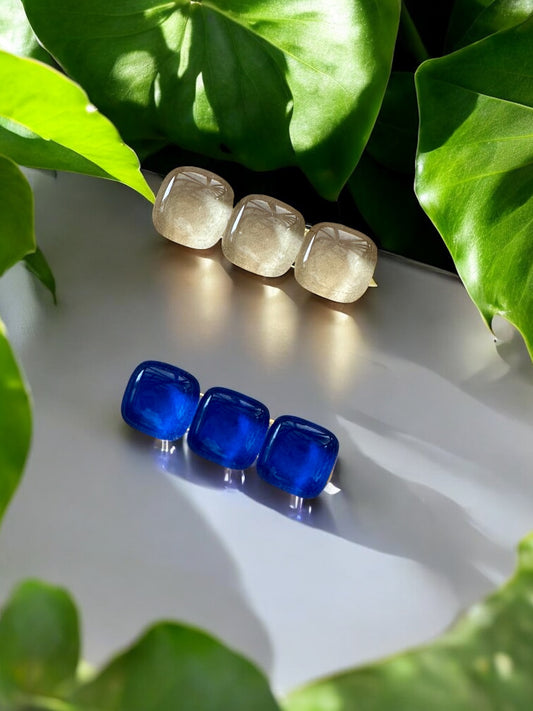 Small Glass Hair Clips, in Blue and Vanilla