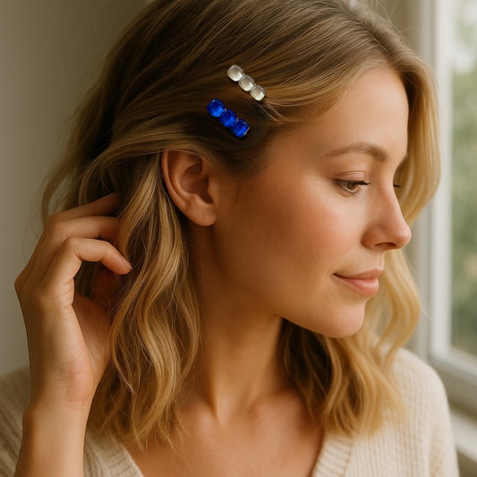 Small Glass Hair Clips, in Blue and Vanilla