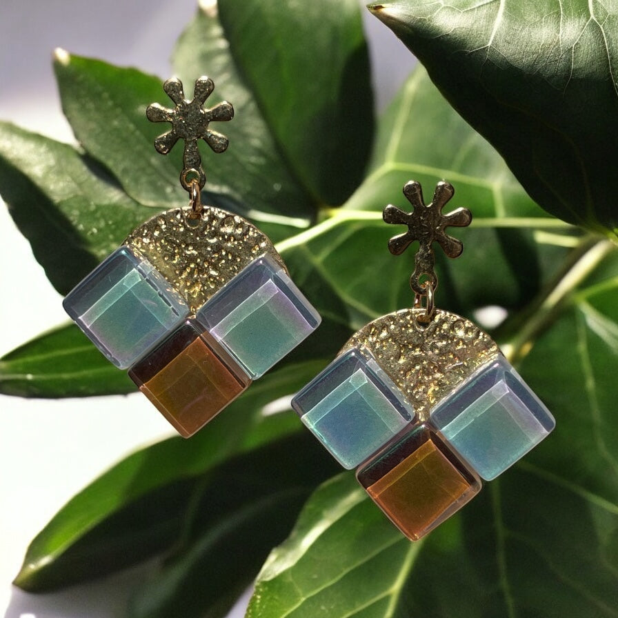 Radiant Flower Arrow Earrings, Pale Blue & Caramel