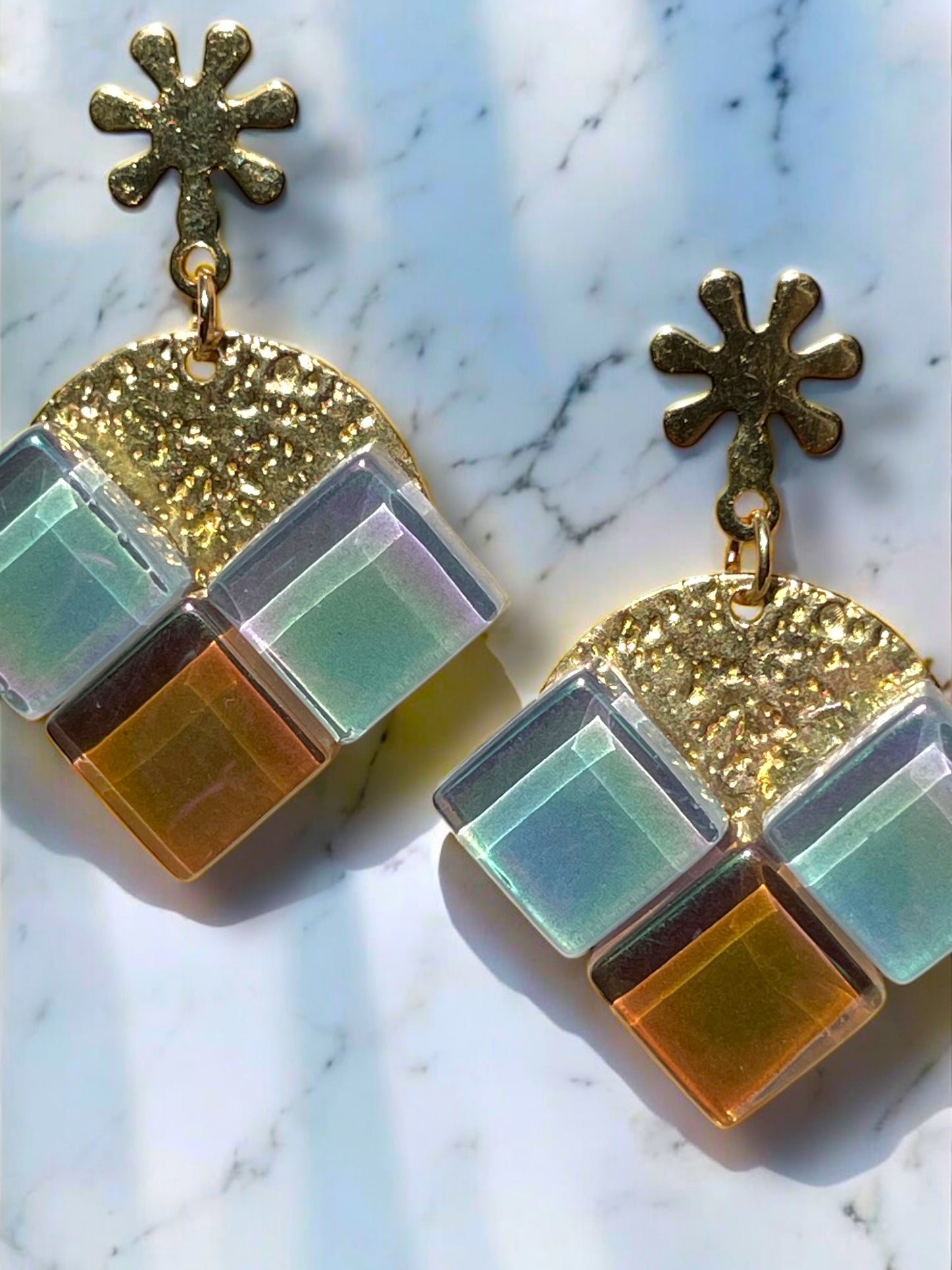Radiant Flower Arrow Earrings, Pale Blue & Caramel