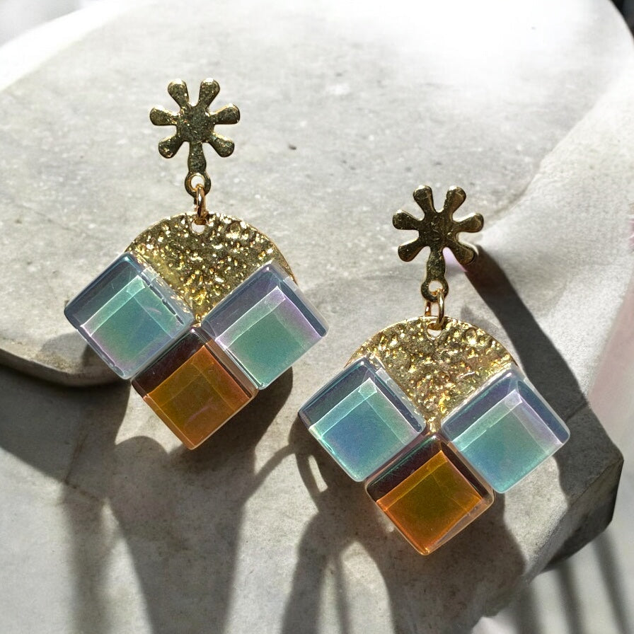 Radiant Flower Arrow Earrings, Pale Blue & Caramel